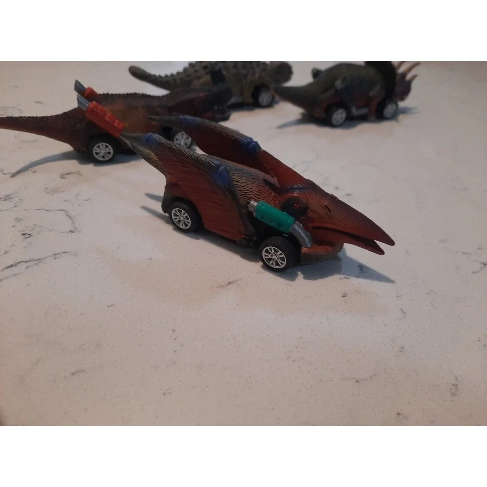 4 Dinobros Dinosaur Go-Kart Pull‎ Back Plastic Toy Car Rubber Tires